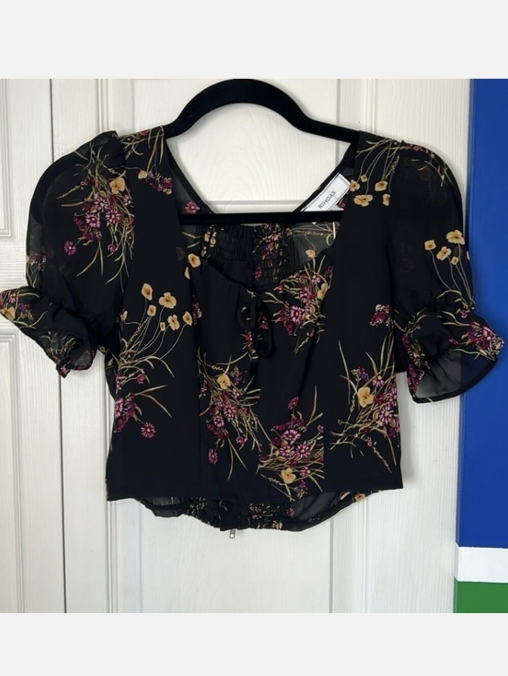 Floral Tie-Front Puff Sleeve Top - Black with Mustard & Pink Floral